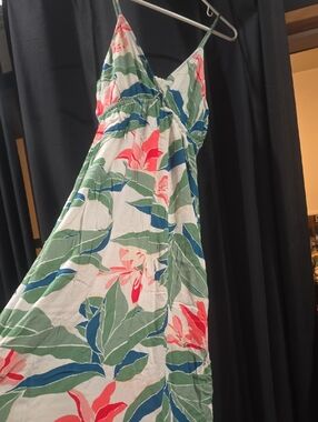 Billabong White Floral Maxi Dress with Green and Blue Leaves and Pink Accents